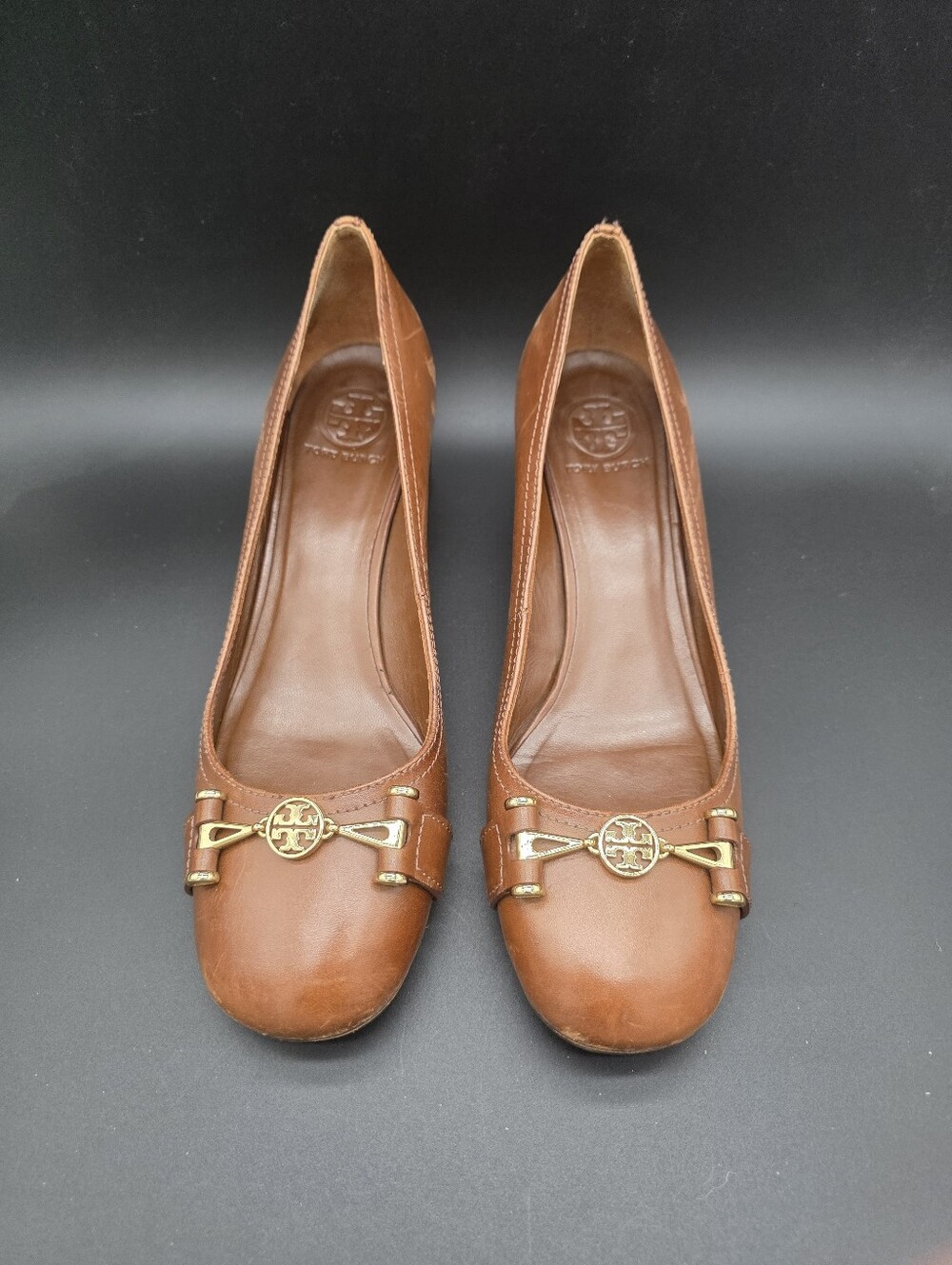 Tory Burch Brown Leather Stacked Heel with Gold Logo Sz 11